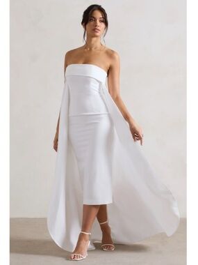 Club L London Save The Date Cream Bandeau Midi Dress With Train